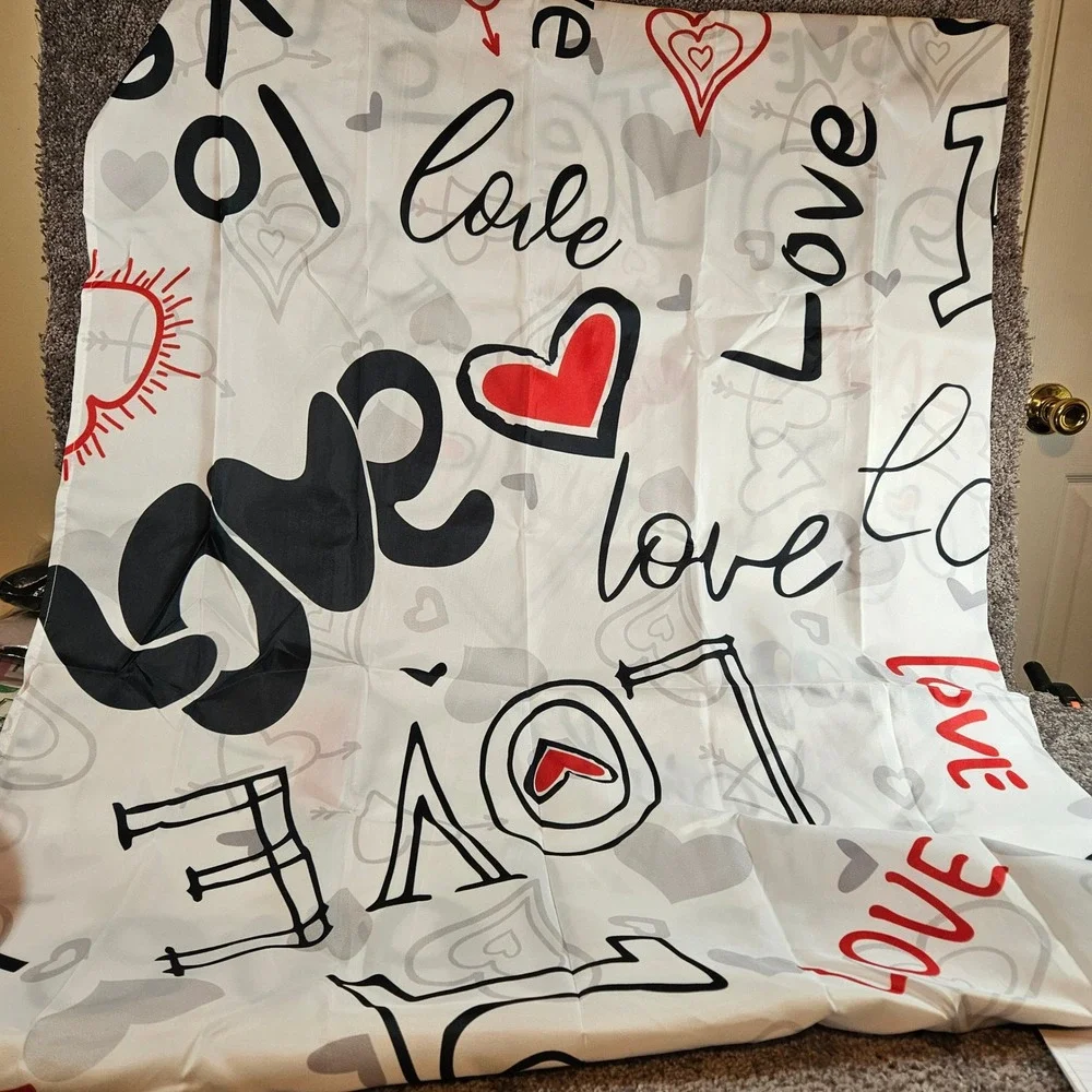 Shower Curtain Love Hearts Design White Red Black Fabric Bathroom Decor